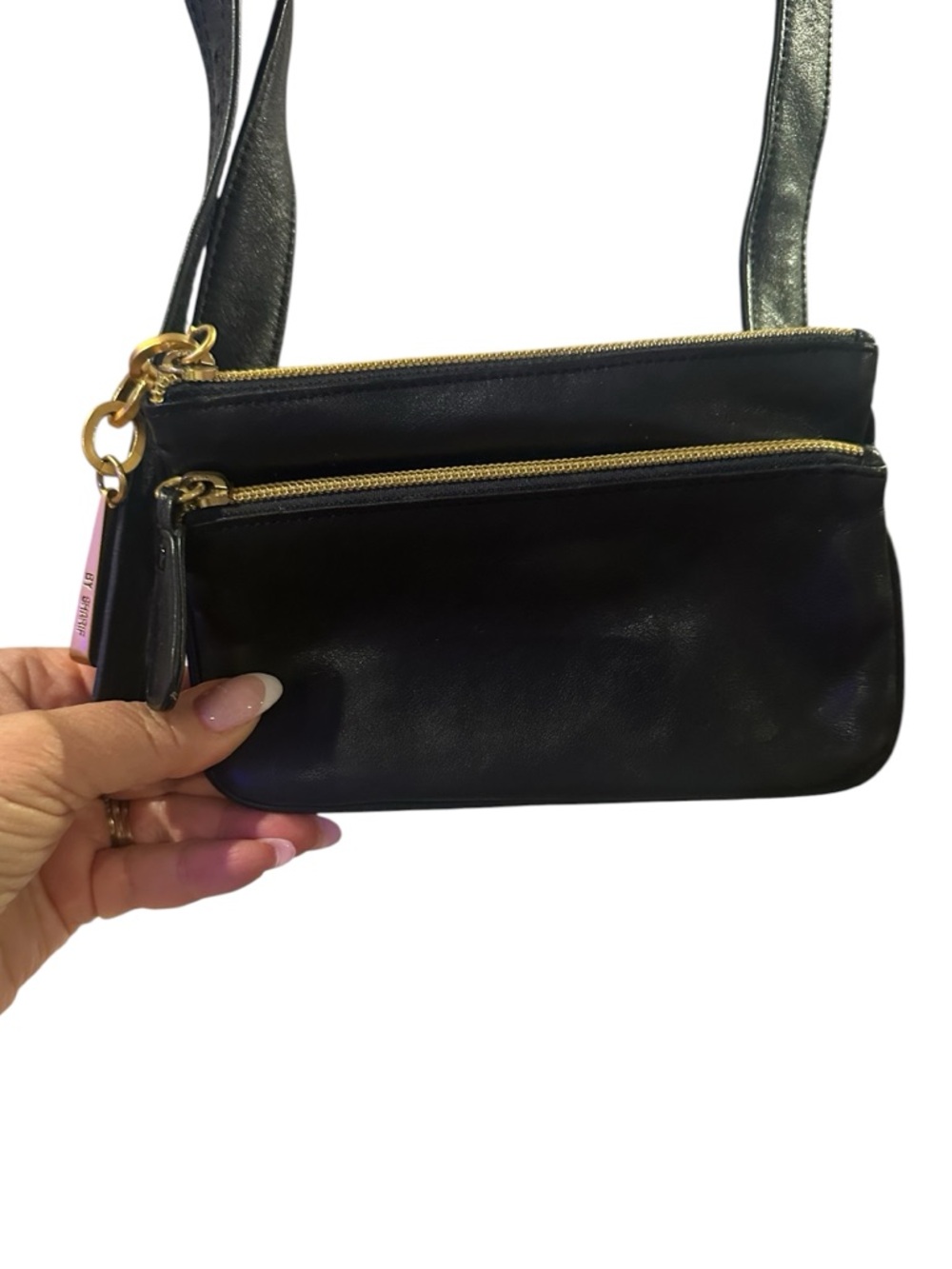 By Sharif Americana Black Leather Adjustable Crossbody Bum Bag Goldtone Zippers